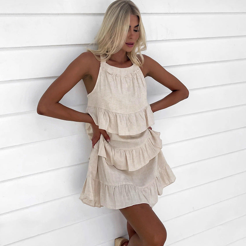 2025 Cotton and linen khaki retro classic square neck sleeveless shoulder strap ruffle edge sexy dress summer versatile short skirt women