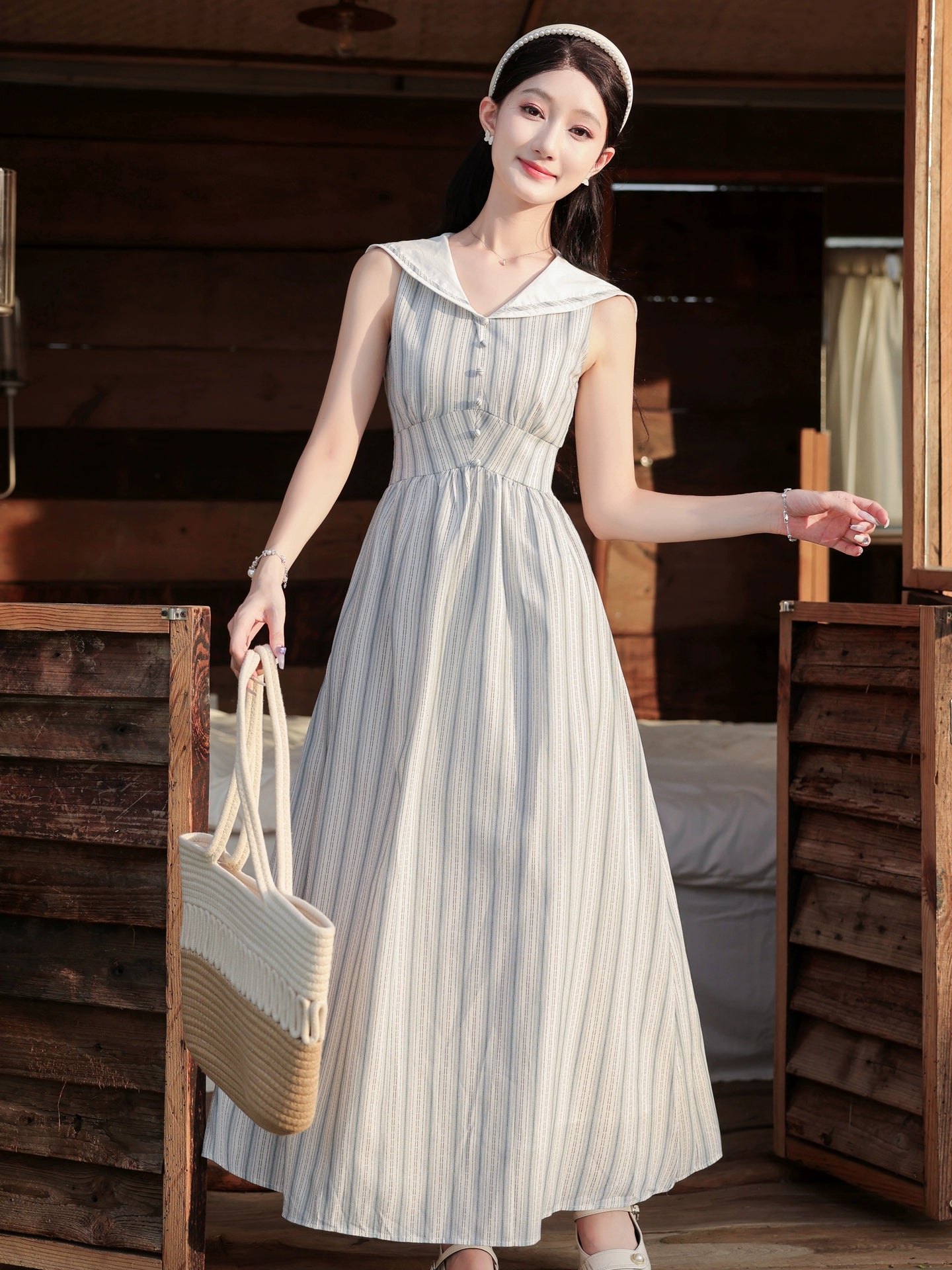 naval collar college style striped dress, unique and beautiful temperament long dress, beautiful and beautiful small skirt