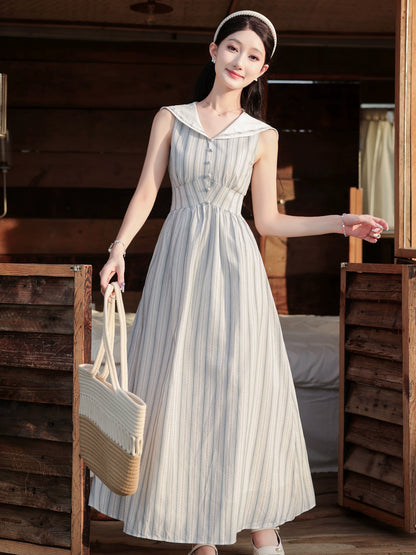 naval collar college style striped dress, unique and beautiful temperament long dress, beautiful and beautiful small skirt