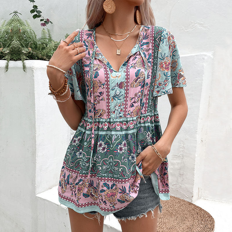 LOVEVOP New Popular trade popular summer new women's clothing 2025 casual tops holiday style printing strap shirt