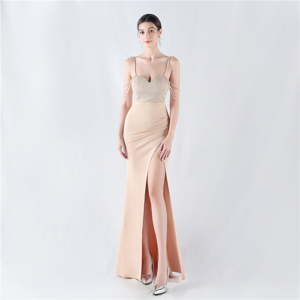 33022 #Popular trade new hot diamond beads high fork satin sexy suspender evening dress