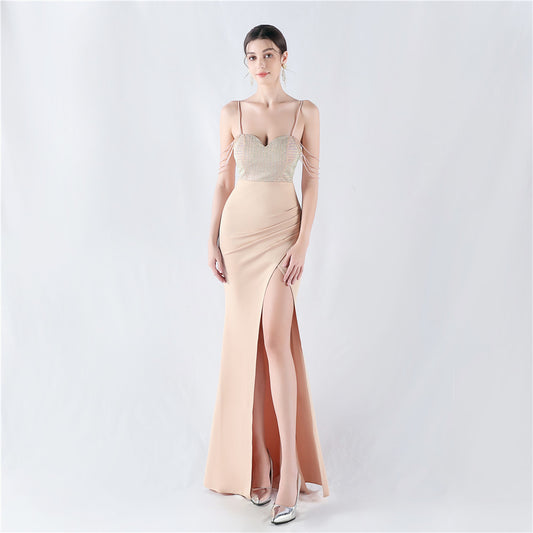 33022 #Popular trade new hot diamond beads high fork satin sexy suspender evening dress