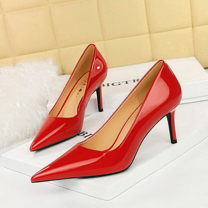 2025 7236  style fashion simple glossy patent leather women's shoes high heels thin heels shallow mouth pointed thin high heels single shoes