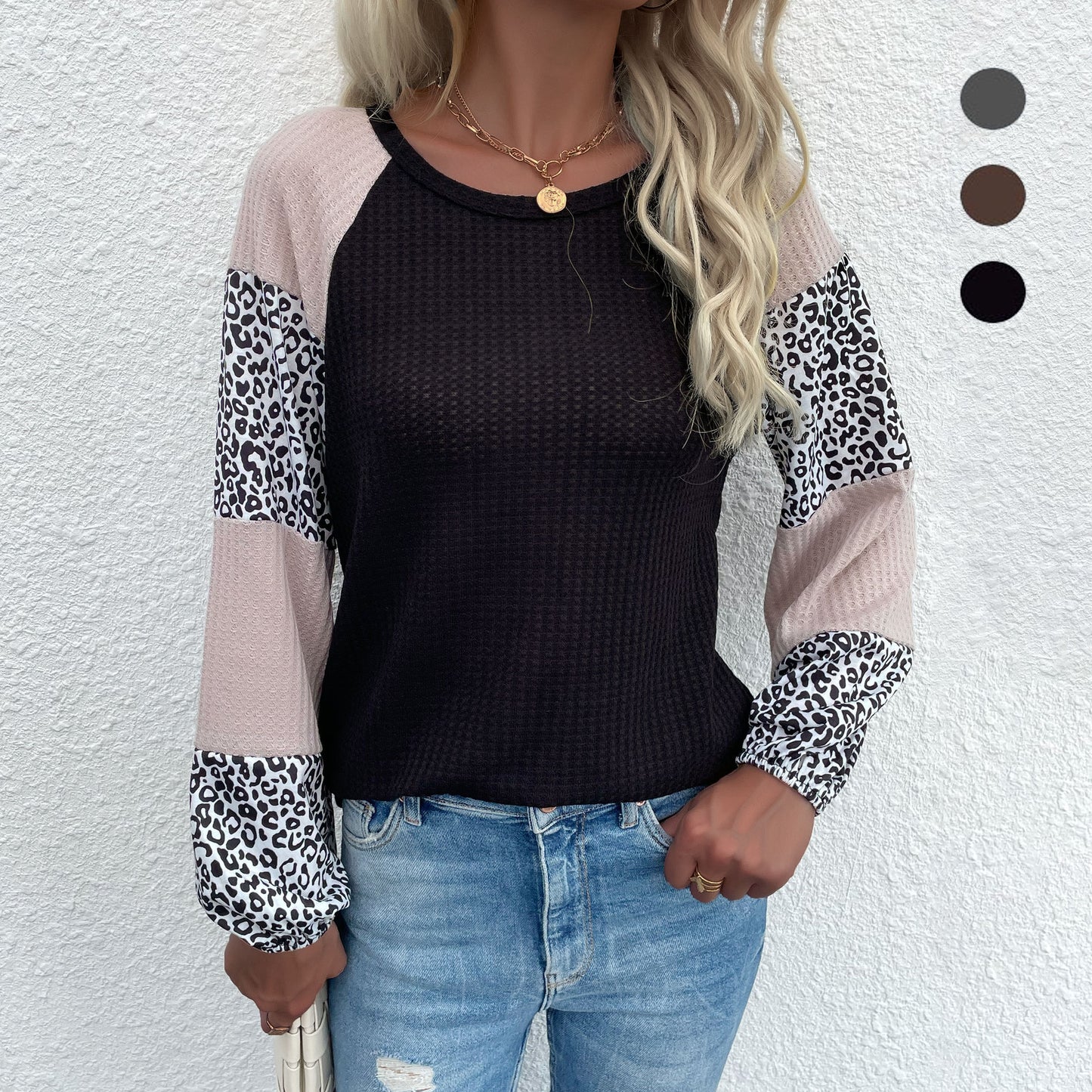 LOVEVOP popular popular autumn New women's waffle crew neck top splicing leopard print bottoming knitted sweater