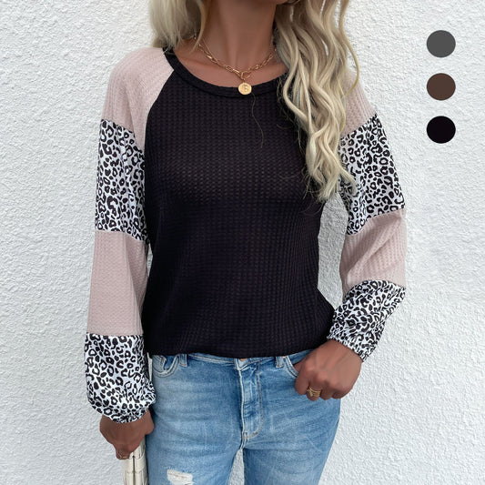 LOVEVOP popular popular autumn New women's waffle crew neck top splicing leopard print bottoming knitted sweater