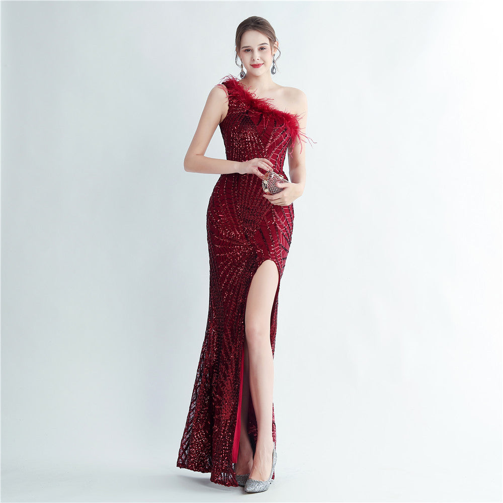 31215 #Popular trade 2025 high-density ostrich hair sequin positioning flower slanted shoulder collar high-end evening dress