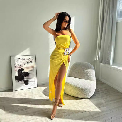LOVEVOP popular  summer new fashionable yellow three-dimensional embroidered dress long tube top dress  women's clothing