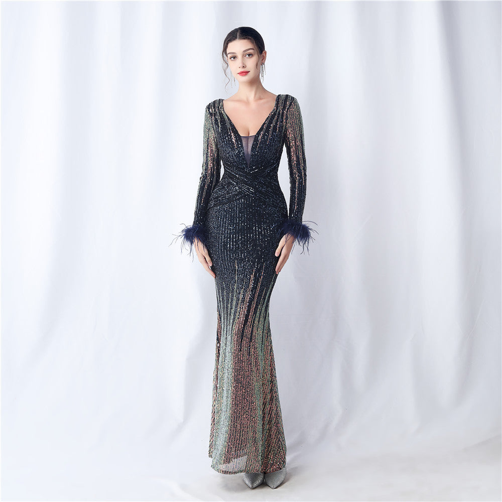 31571 #Popular trade new popular craft order ostrich hair gradual change beads long sleeve evening dress