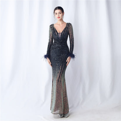 31571 #Popular trade new popular craft order ostrich hair gradual change beads long sleeve evening dress