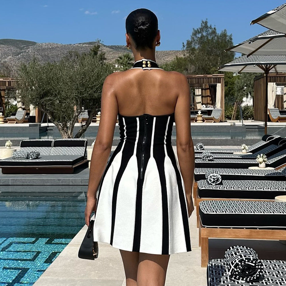 LOVEVOP Popular,  popular summer new  sweet and spicy neck halter suspender knitted striped dress bandage jacquard