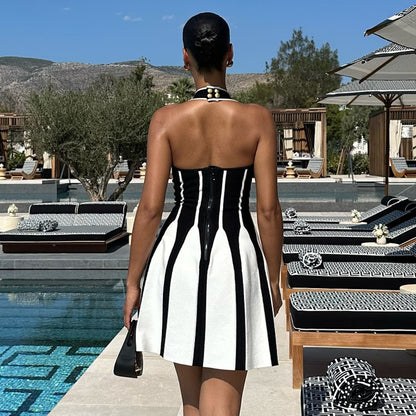 LOVEVOP Popular,  popular summer new  sweet and spicy neck halter suspender knitted striped dress bandage jacquard