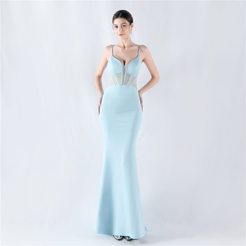 31916 #Hot trade new heavy industry fishbone vest shaping mesh yarn hot diamond sling hip fish tail evening dress