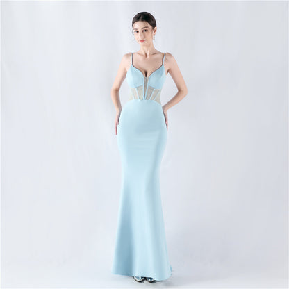31916 #Hot trade new heavy industry fishbone vest shaping mesh yarn hot diamond sling hip fish tail evening dress