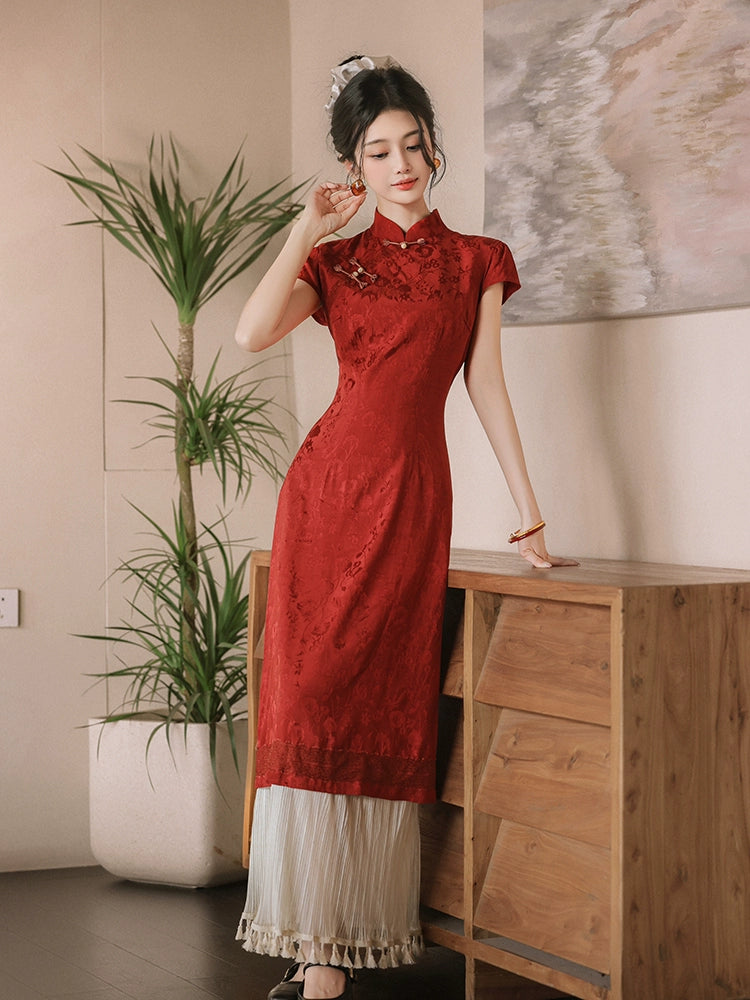 New Chinese red fake two pieces improved cheongsam women's fringed splicing temperament dress morning robe bride engagement dress