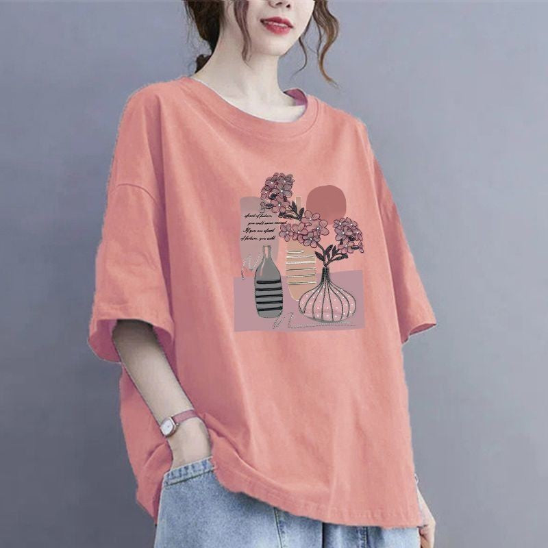 100Kg large size fat MM thin summer loose round neck T-shirt versatile short-sleeved top printed casual T-shirt women