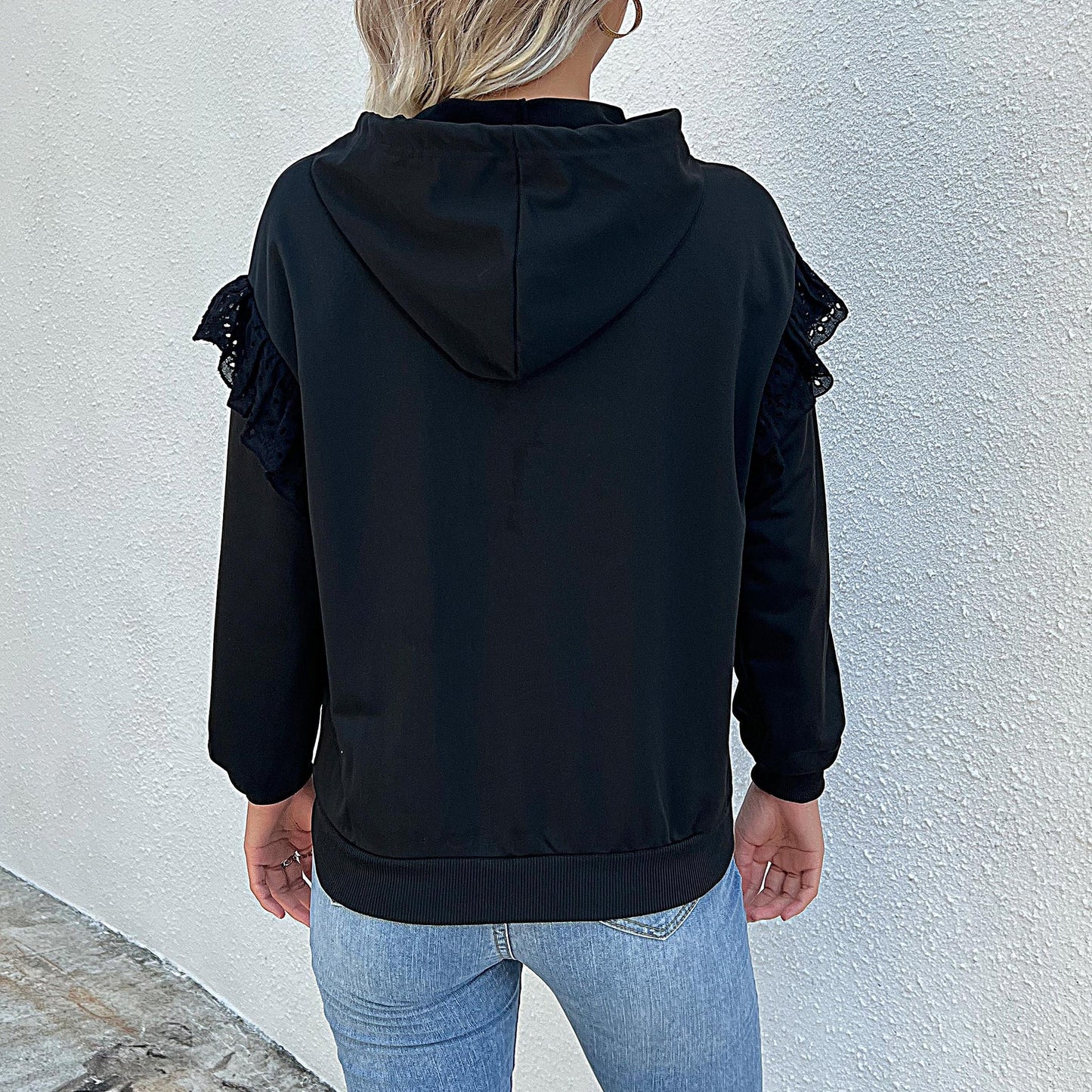 LOVEVOP popular new autumn and winter long-sleeved pocket hoodie Popular trade women's clothing  New splicing lace hooded sweater