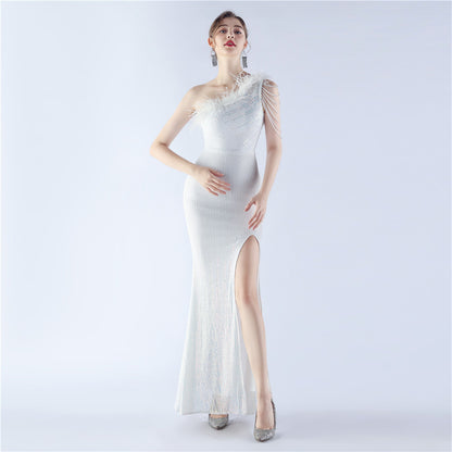 31321 #new product popular gradual change bead process beading ostrich hair oblique collar shoulder long evening dress