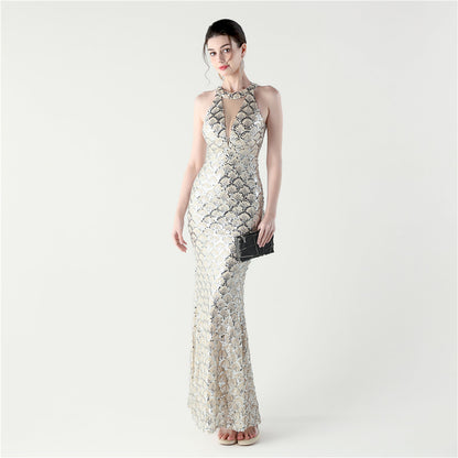 33133 #2025 new sequined mesh slim hip wrap sexy off-the-shoulder women's evening dress dinner party dress