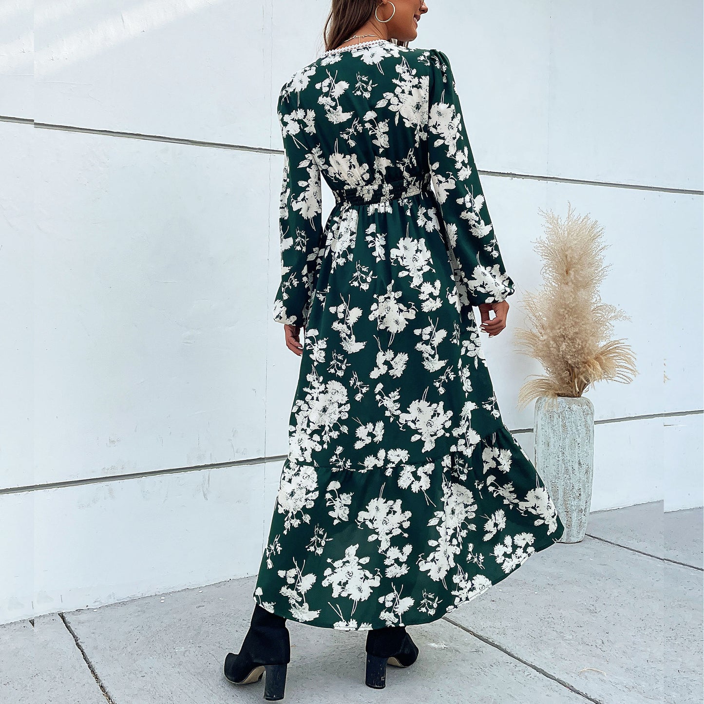 LOVEVOP 2025 fashion women's clothing Hot new splicing lace skirt long sleeve printing irregular dress