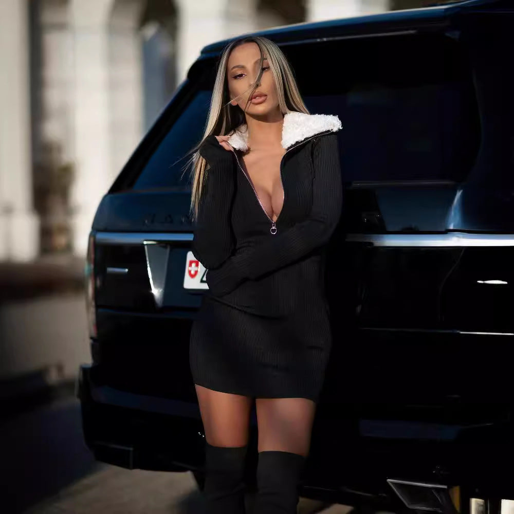 LOVEVOP Autumn and winter new removable fur collar black bandage high elastic hip wrap dress  women's clothing New long-sleeved base