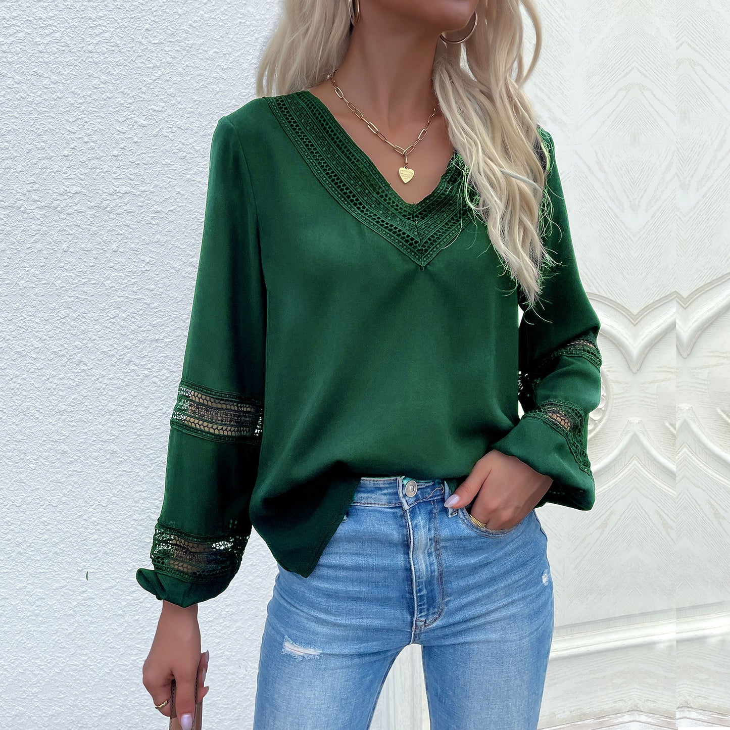 LOVEVOP New women's clothing popular spring and autumn long-sleeved shirt splicing lace pullover V-neck hollow design shirt