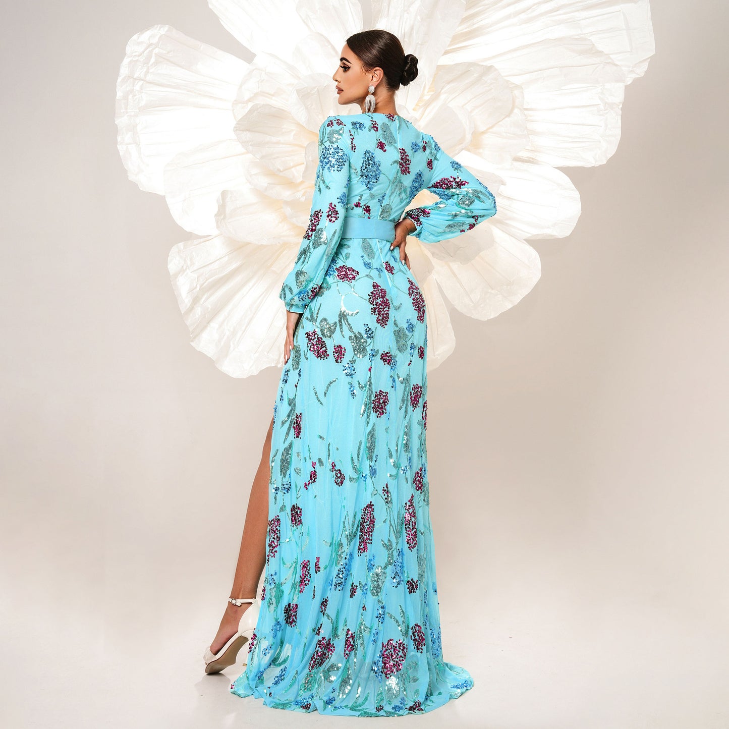 2025 high-end temperament sexy long sequined long-sleeved V-neck banquet evening dress bridesmaid dress women