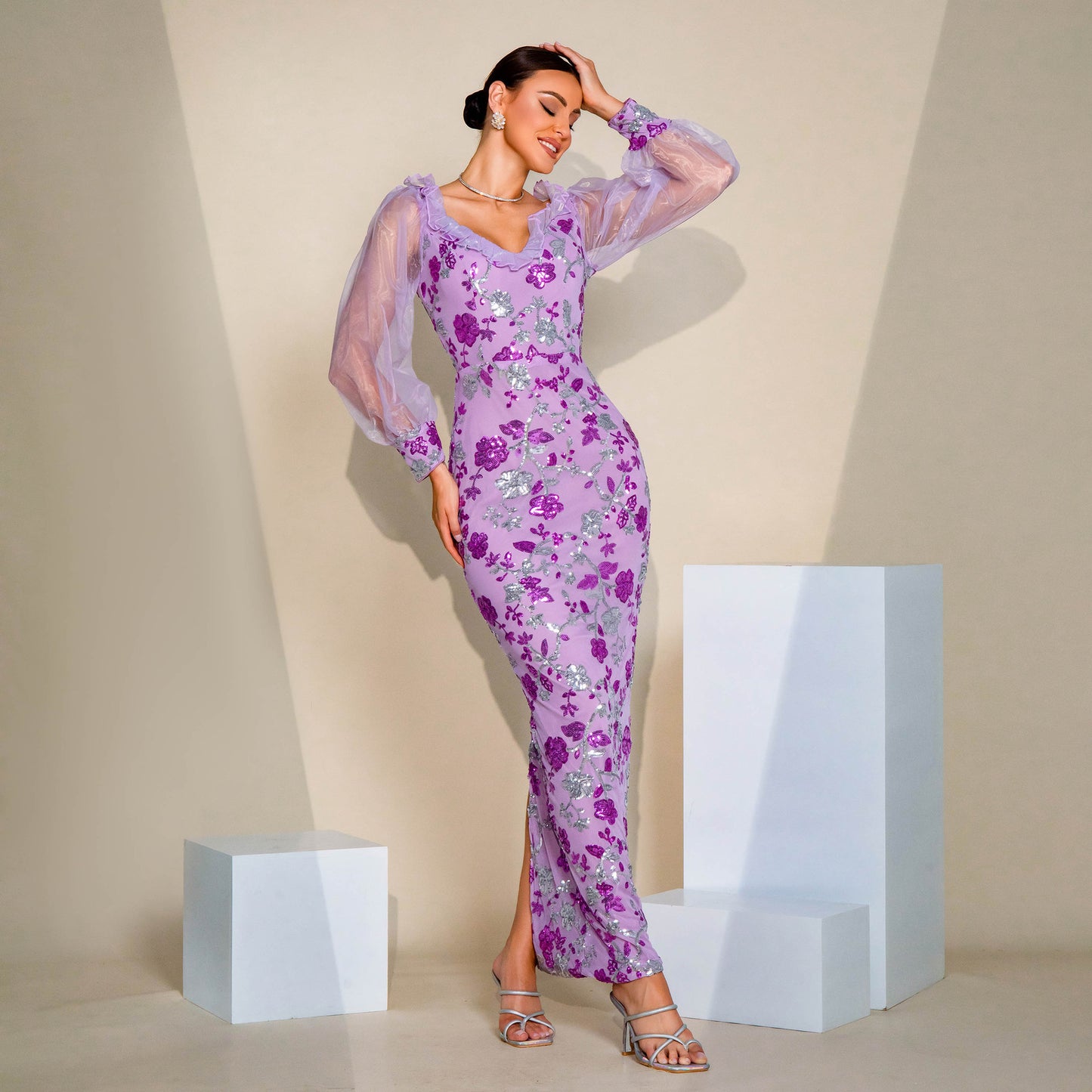 2025 long-sleeved temperament V-neck sexy hollow long sequined banquet evening dress bridesmaid dress women