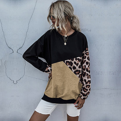 LOVEVOP Strictly selected popular early autumn  New round neck contrasting top 2025 Popular trade leopard print splicing sleeve sweater women