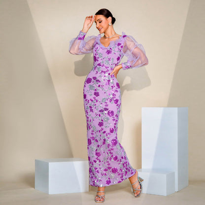 2025 long-sleeved temperament V-neck sexy hollow long sequined banquet evening dress bridesmaid dress women