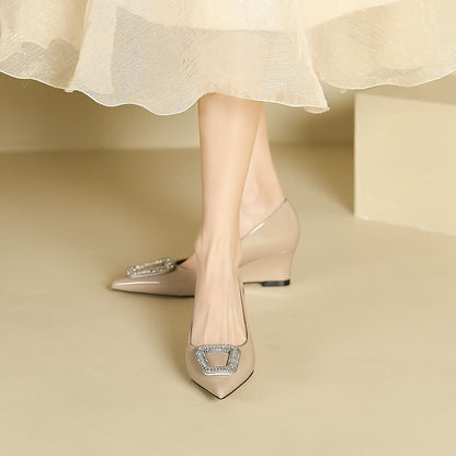 2025 5162-5 slope heel high heels women's pointed rhinestone middle heel square buckle shoes shallow mouth thick sole 2025 patent leather single shoes women