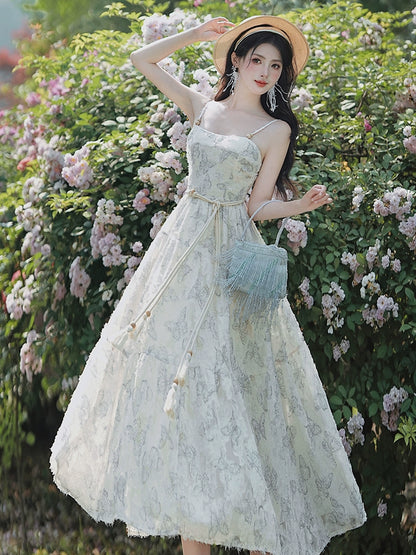 Coffee Break  Floral Dress Salt Sweet Seaside Holiday Beach Dress Suspender Skirt Outer Cardigan Set