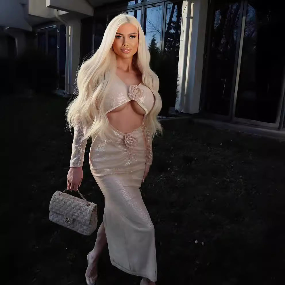 LOVEVOP New popular  women's clothing long-sleeved three-dimensional flower apricot bead long dress elastic skirt early autumn dress