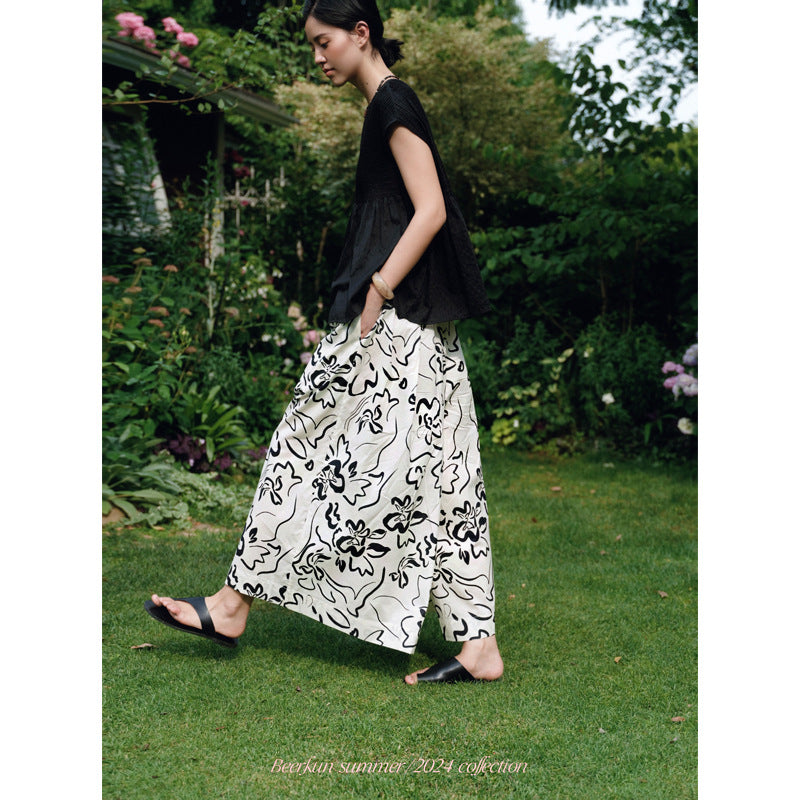 summer new Korean version of fashion literature retro Fauvism art black and white printing A-shaped wide-leg culottes