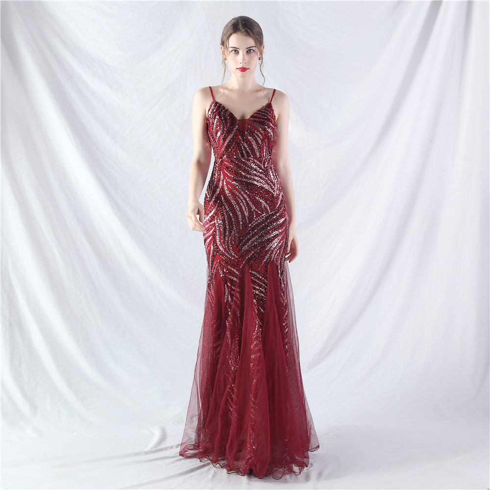 31903 #Hot trade new product laminated bead splicing mesh suspender evening dress