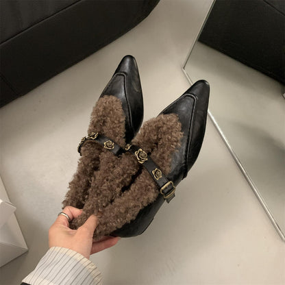 2025  Evening breeze temperament velvet Mary Jane shoes pointed inner height increase wool shoes warm and comfortable small leather shoes