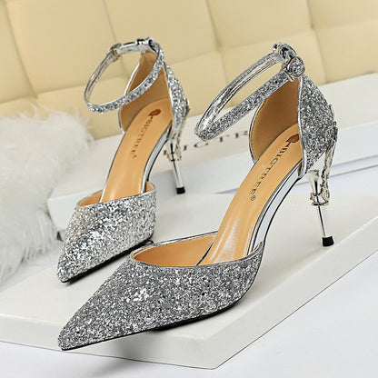 2025 283-5  style fashionable and sexy hollow nightclub showing thin metal heel high heel sparkling sequins with sandals