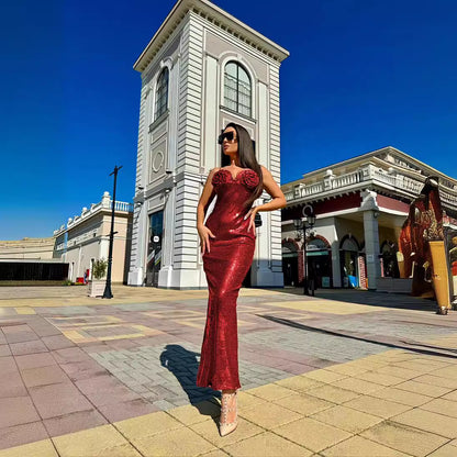 LOVEVOP 2023 new red sequined suspender dress high-end  women's clothing fashion long Christmas slim base
