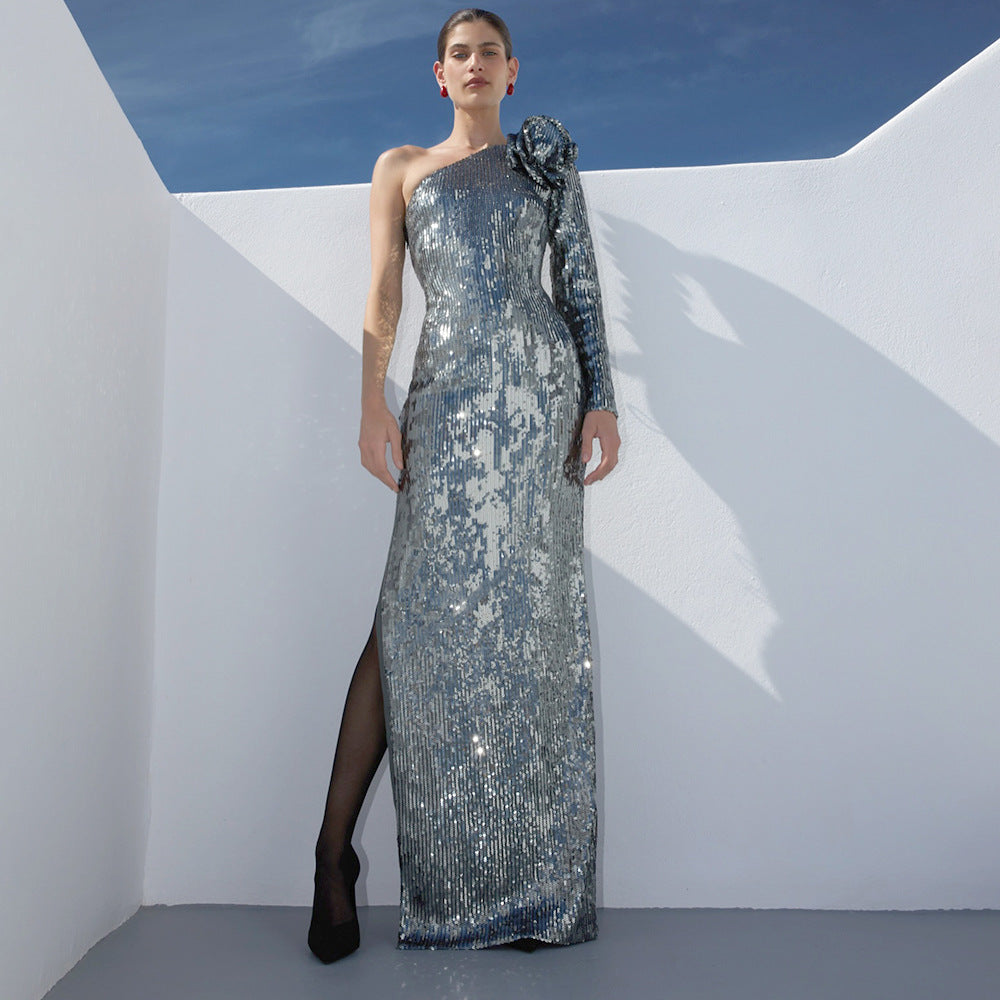 LOVEVOP new silver dress premium sequins new banquet wholesale party dress elegant long dress autumn and winter