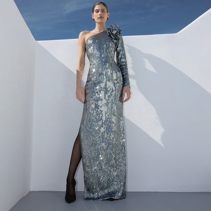 LOVEVOP new silver dress premium sequins new banquet wholesale party dress elegant long dress autumn and winter