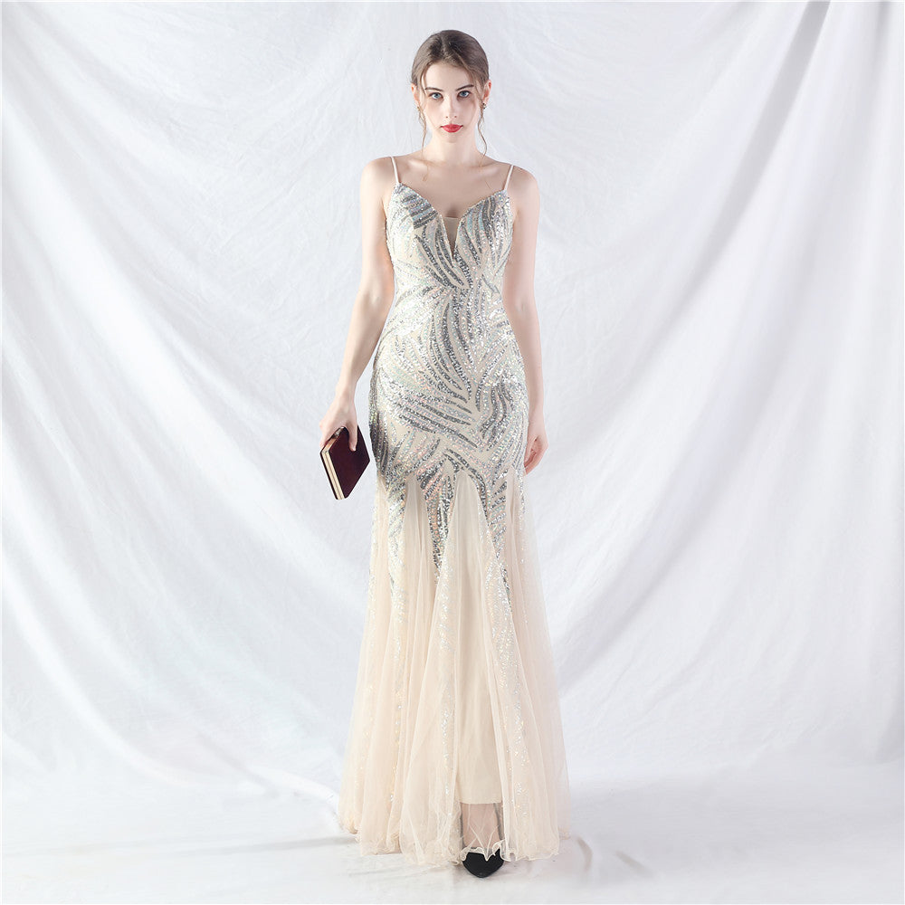 31903 #Hot trade new product laminated bead splicing mesh suspender evening dress