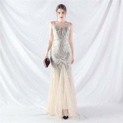 31903 #Hot trade new product laminated bead splicing mesh suspender evening dress