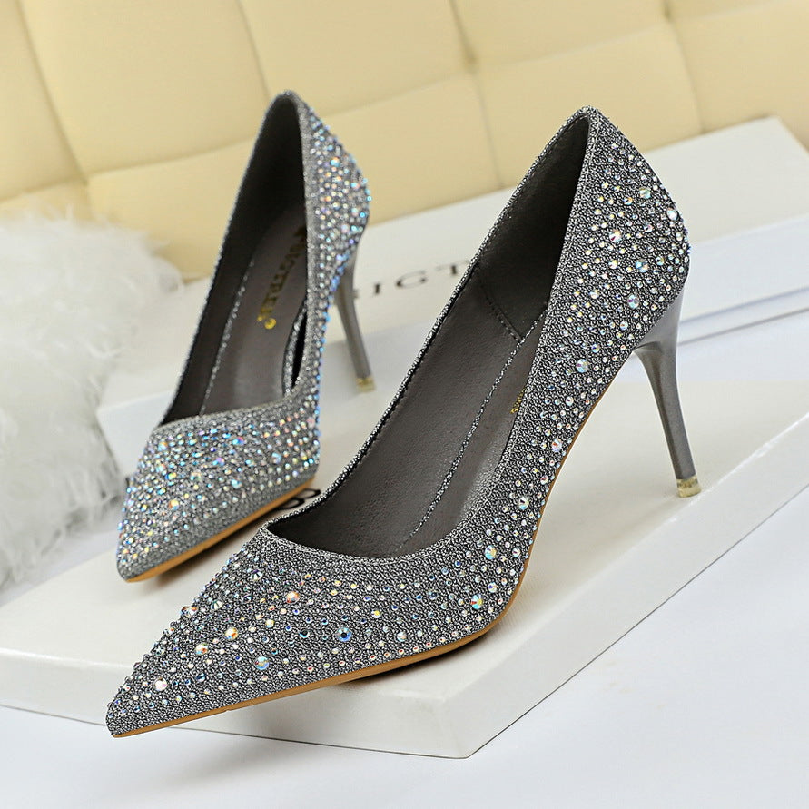 2025 9219-A22 Korean version of fashion wedding shoes, high heels, stiletto heels, shallow mouth, pointed head, sexy banquet rhinestone shoes