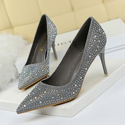 2025 9219-A22 Korean version of fashion wedding shoes, high heels, stiletto heels, shallow mouth, pointed head, sexy banquet rhinestone shoes