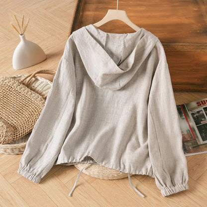 spring and summer new literary and retro solid color simple cotton and linen hooded jacket trench coat bat sleeve blouse anti-sun