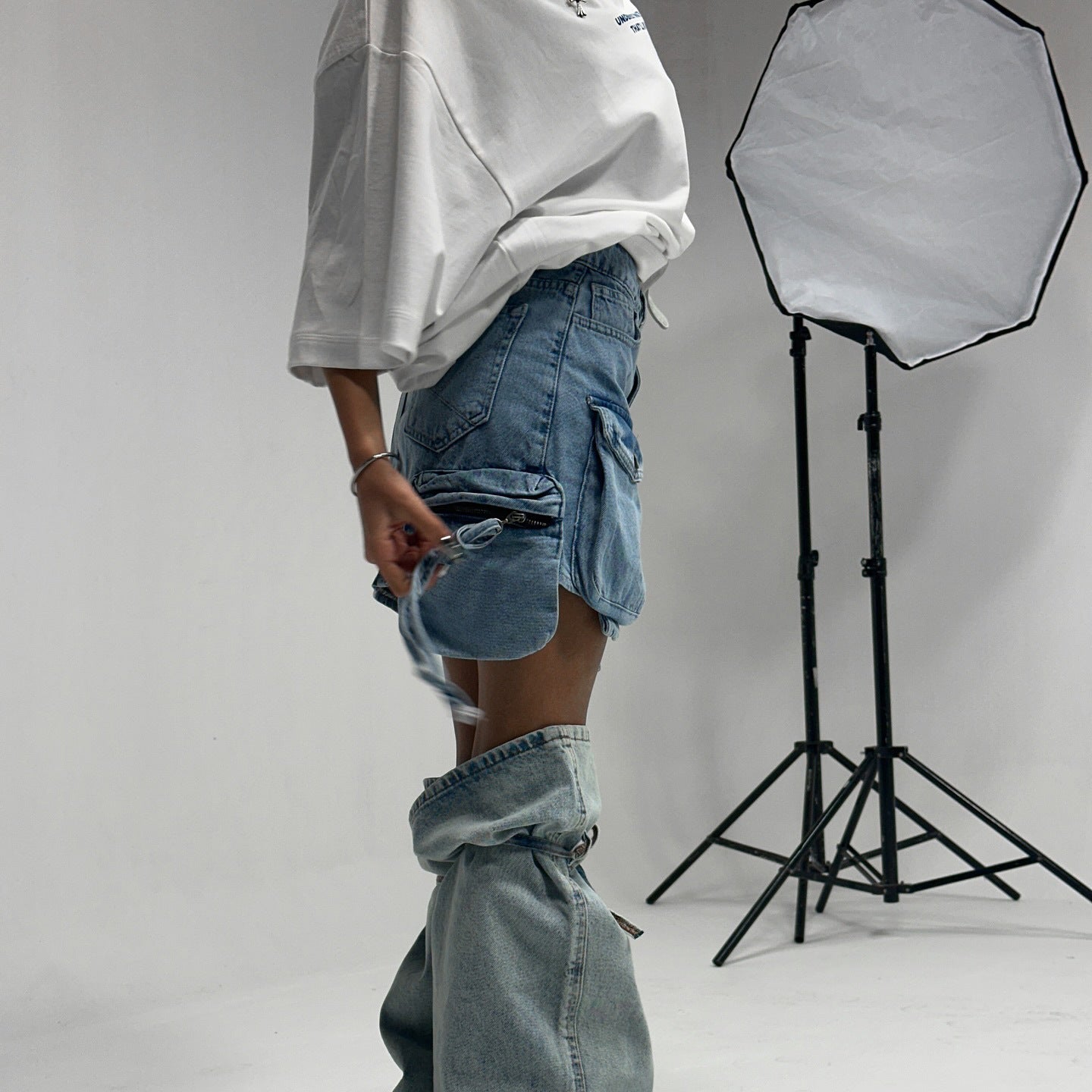 Big pocket splicing tooling denim skirt new street hottie high waist hip wrap a word female drape short skirt female