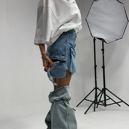 Big pocket splicing tooling denim skirt new street hottie high waist hip wrap a word female drape short skirt female