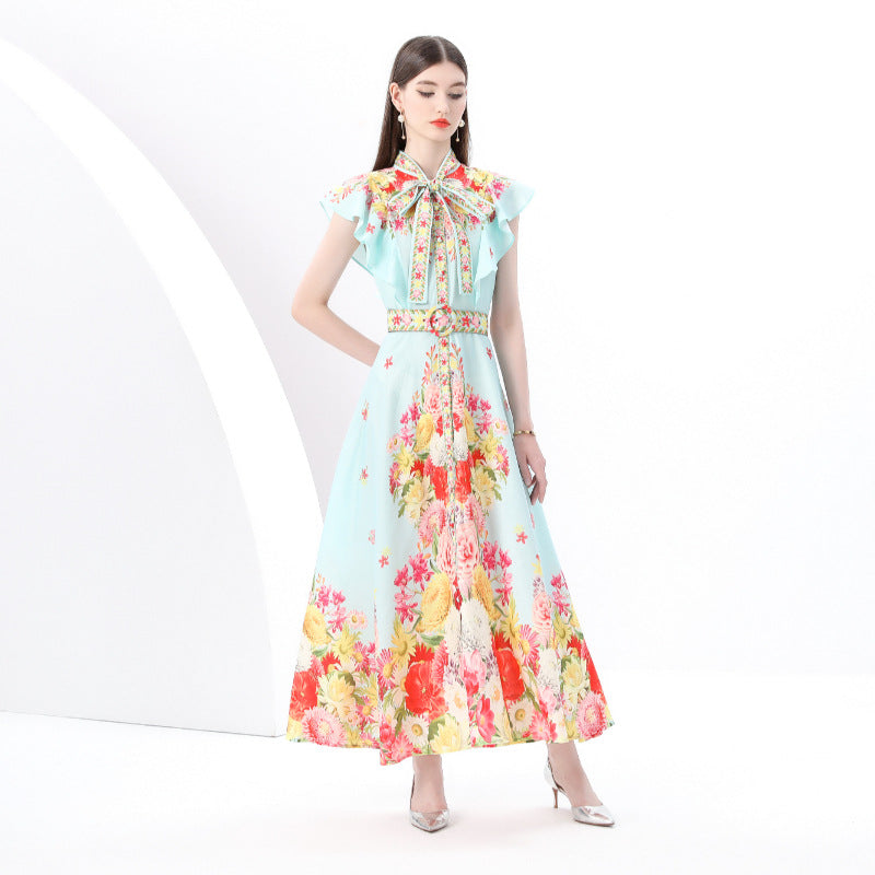 spring and summer new niche  bow lace-up Xiaofei sleeve waist single-breasted pendulum printed dress