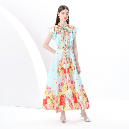 spring and summer new niche  bow lace-up Xiaofei sleeve waist single-breasted pendulum printed dress