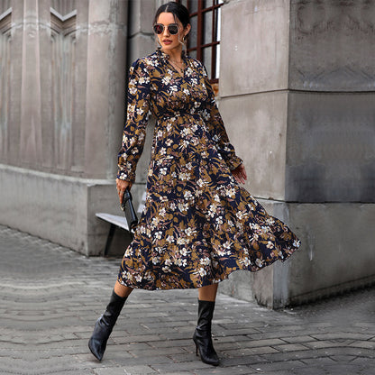 LOVEVOP 2025 cross-border Hot autumn floral temperament commuter dress retro printed women's dress V-neck fashion dress