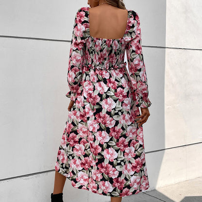 LOVEVOP Hot autumn new foreign trade  halter skirt long-sleeved square collar printed split-ended dress women